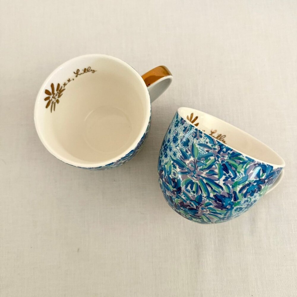 Lilly Pulitzer Ceramic Mugs Set of 2 12oz Blue Floral Print Gold Handle NEW